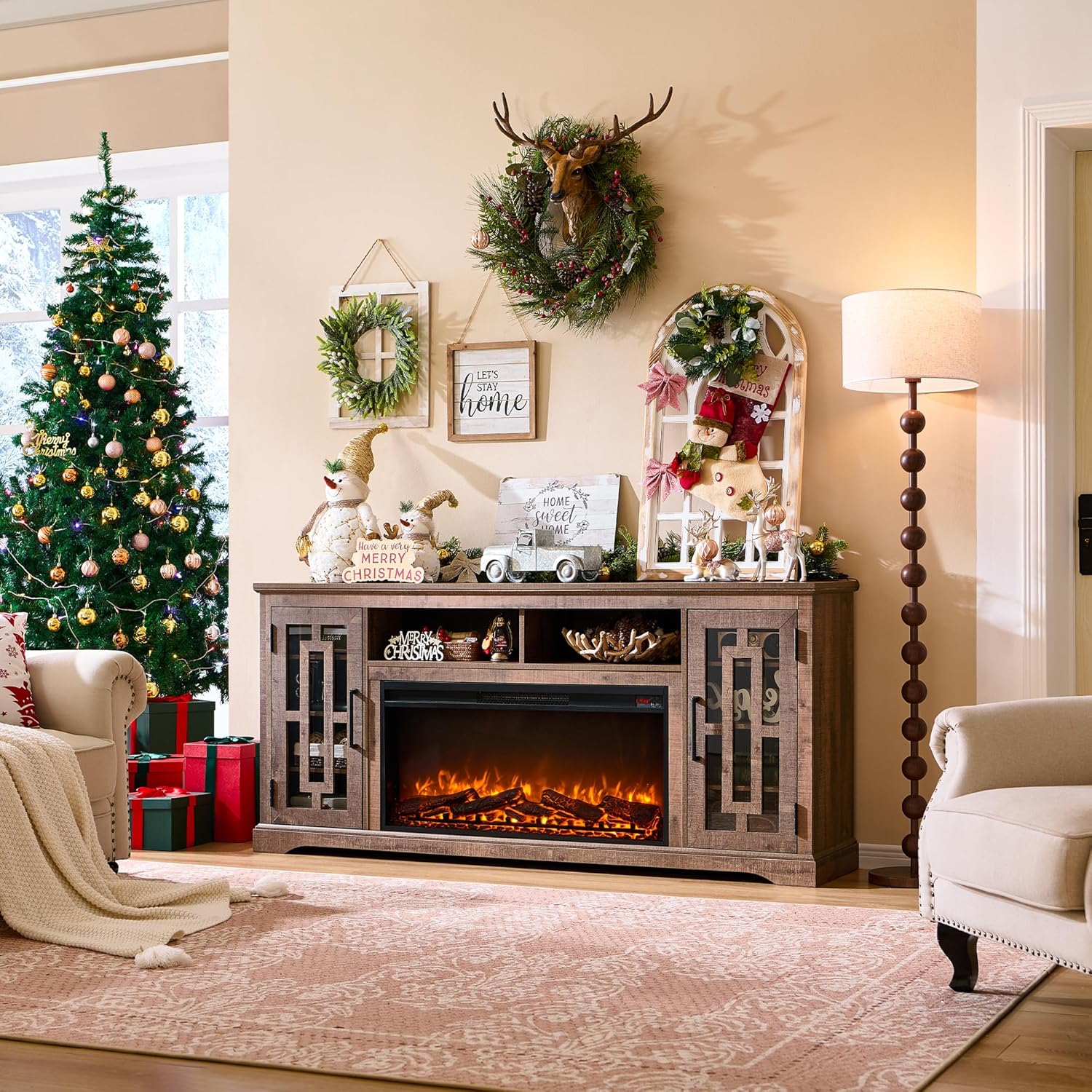 JXQTLINGMU Farmhouse Fireplace TV Stand for 80 Inch TV with Shelves