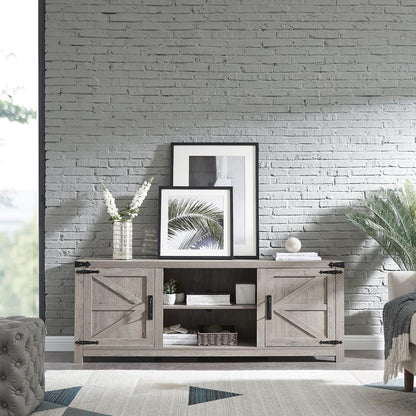T4TREAM Farmhouse TV Stand with Barn Doors, Gray Wash