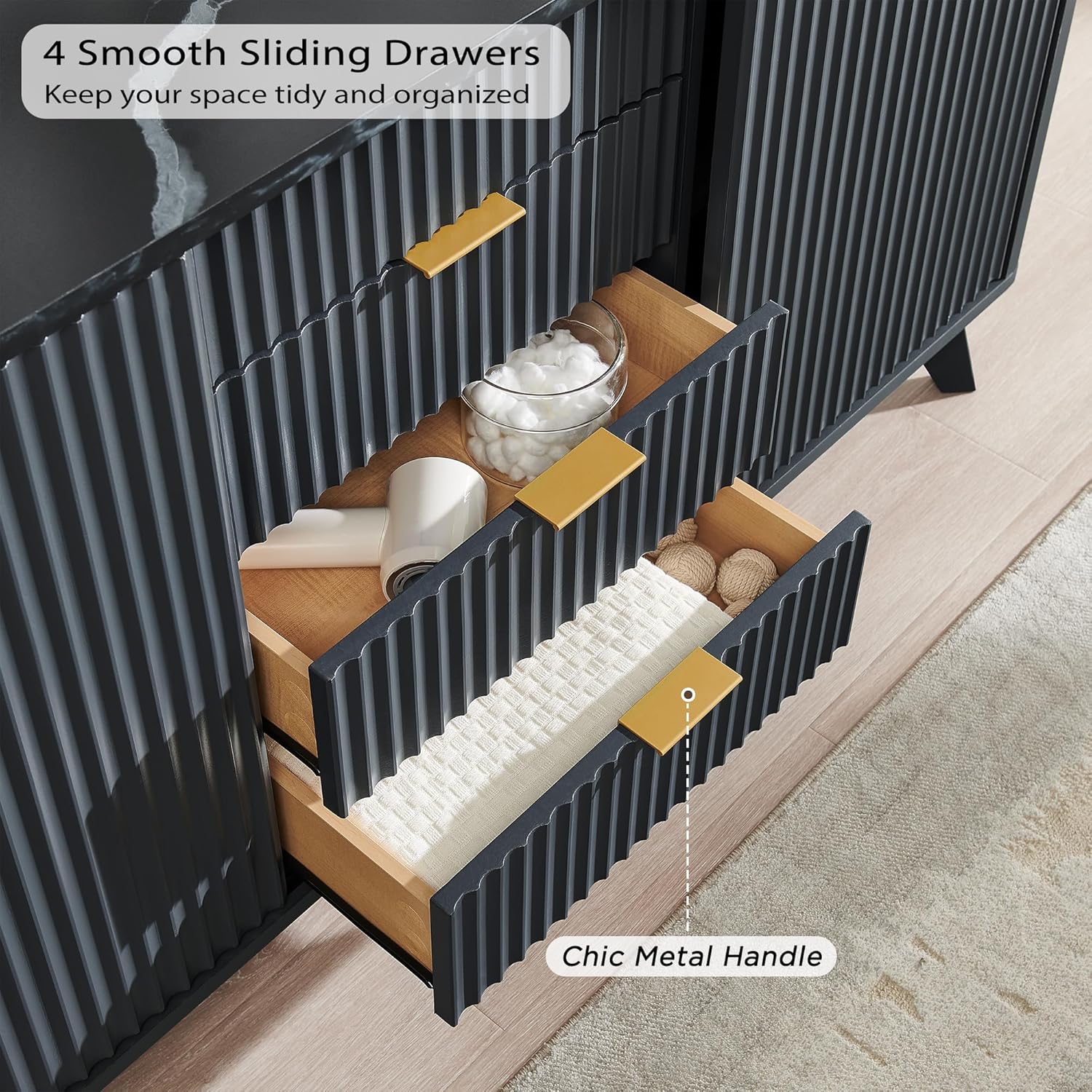 Modern Fluted Dresser 60 Inch with Sliding Doors and Drawers