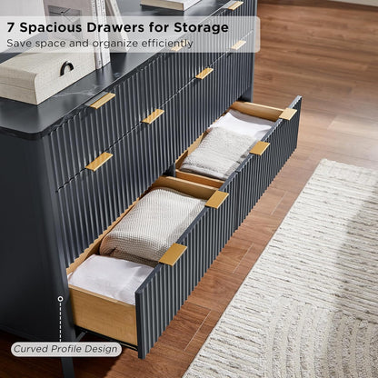 T4TREAM Fluted 7-Drawer Dresser - Modern Curved Dark Grey