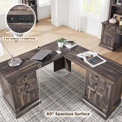 Farmhouse Rustic 60" L-Shaped Executive Desk with Charging Station