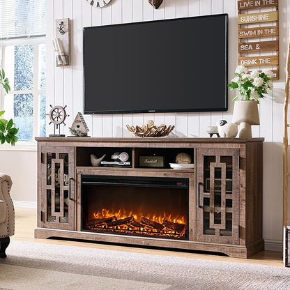 JXQTLINGMU Farmhouse Fireplace TV Stand for 80 Inch TV with Shelves