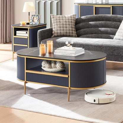 OKD Modern Oval Coffee Table 48 Inch with Drawer Navy Blue