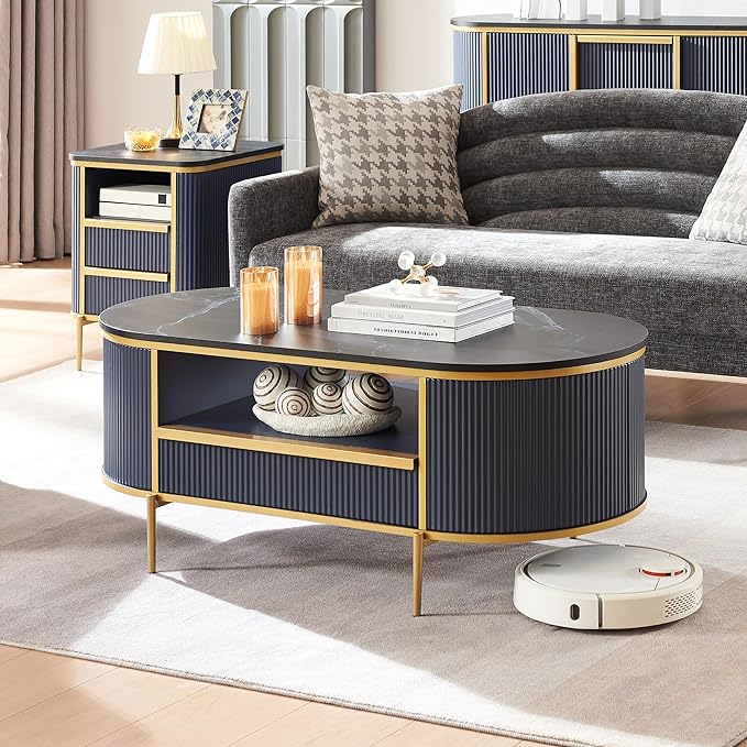 OKD Modern Oval Coffee Table 48 Inch with Drawer Navy Blue