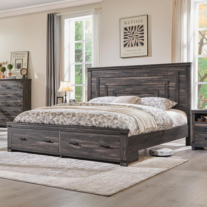Farmhouse King Size Wood Bed Frame with Storage Drawers
