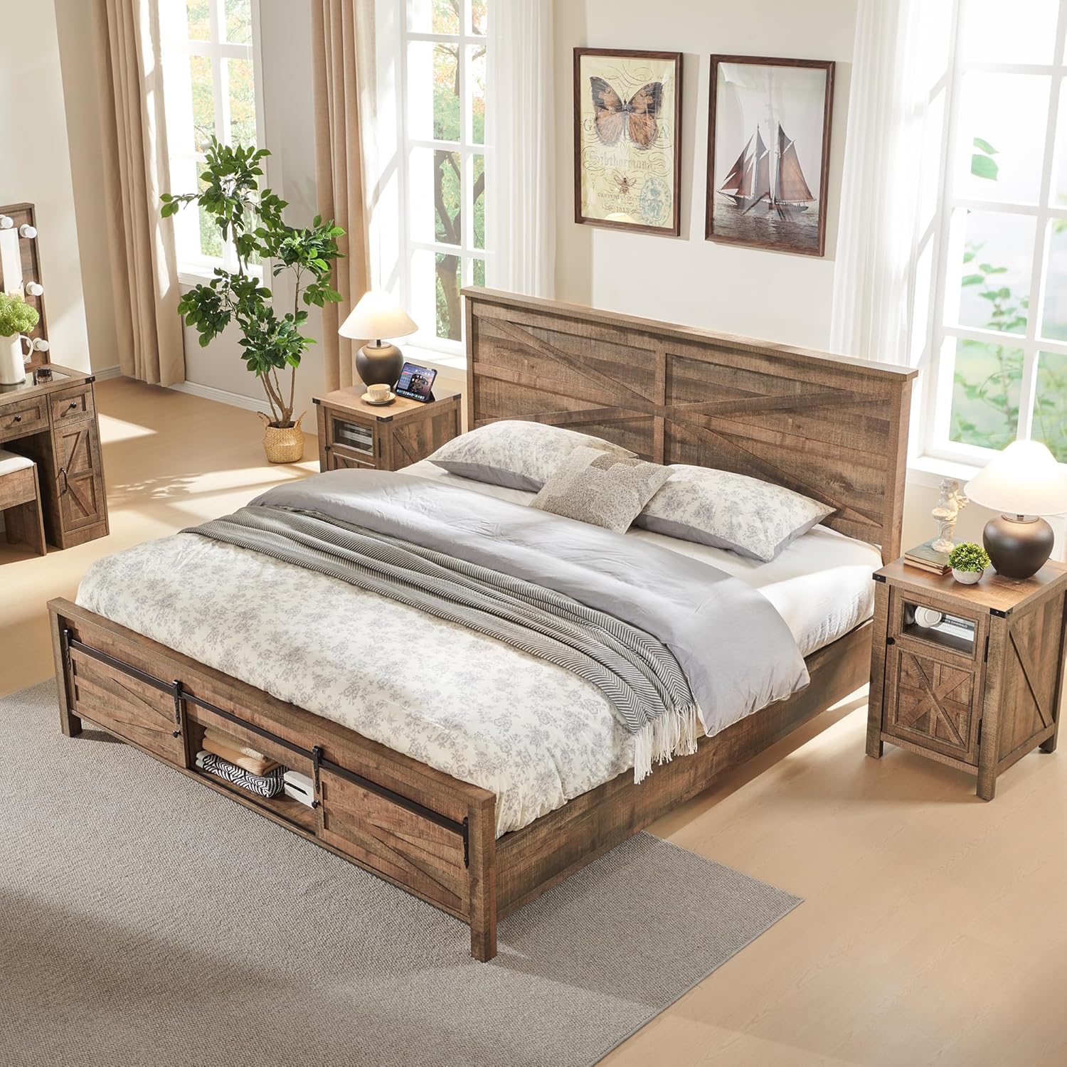 JXQTLINGMU Full Size Farmhouse Wood Bed Frame with Barn Door