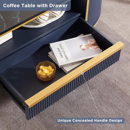 OKD Modern Oval Coffee Table 48 Inch with Drawer Navy Blue