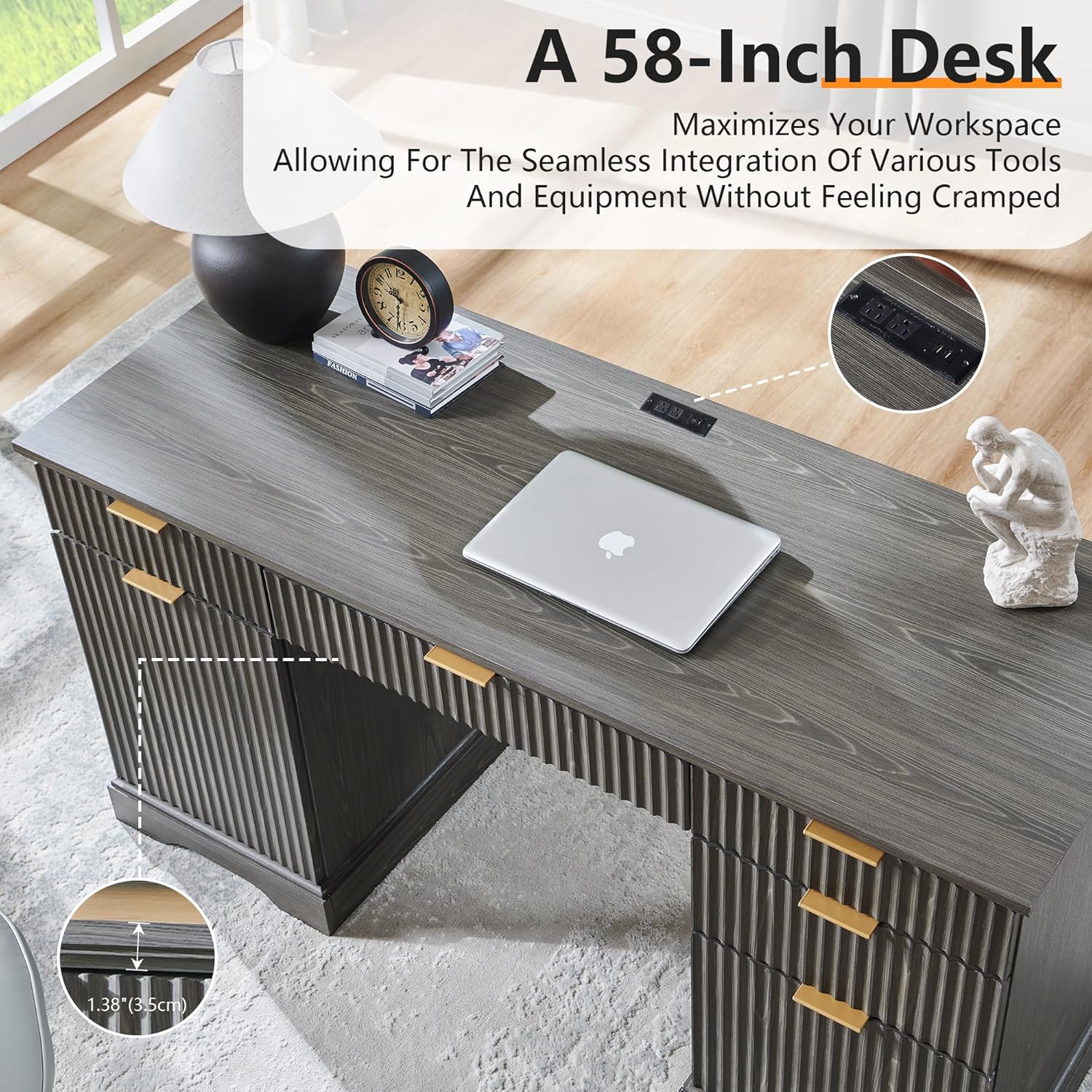 58-Inch Modern Executive Office Desk with Storage and Drawer