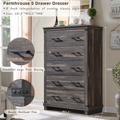 Farmhouse 5-Drawer Dresser: Rustic Wood Tall Chest for Bedroom