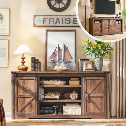 Farmhouse TV Stand with Sliding Barn Door, Rustic Media Console