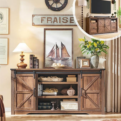 Farmhouse TV Stand with Sliding Barn Door, Rustic Media Console