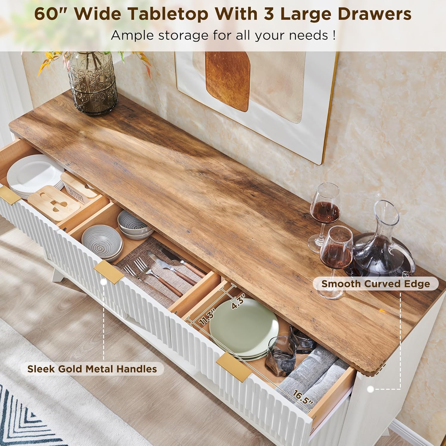 OKD Fluted Wine Bar Cabinet: 60" Modern Coffee Bar, Solid White