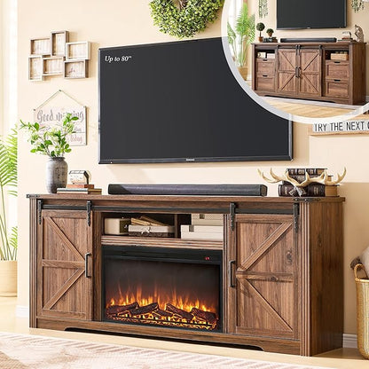 Farmhouse Fireplace TV Stand for 80 Inch TV Entertainment Center