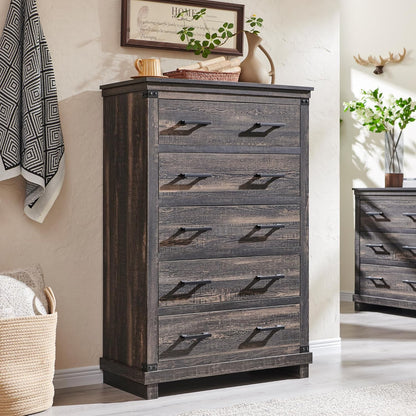 Farmhouse 5-Drawer Dresser: Rustic Wood Tall Chest for Bedroom