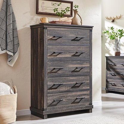 Farmhouse 5-Drawer Dresser: Rustic Wood Tall Chest for Bedroom