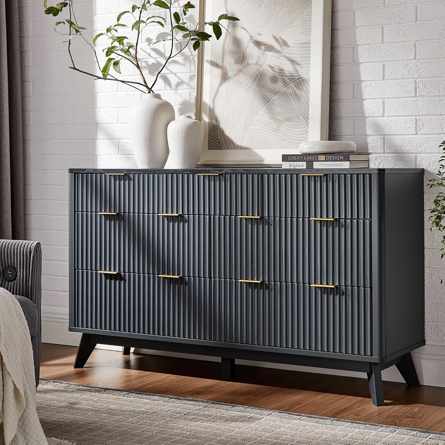 T4TREAM Fluted 7-Drawer Dresser - Modern Curved Dark Grey