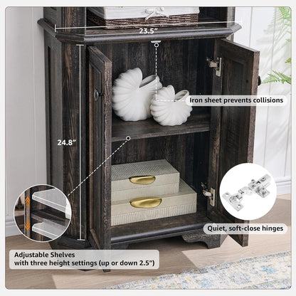 Rustic Oak 6-Tier Bookshelf with Doors and Adjustable Shelves