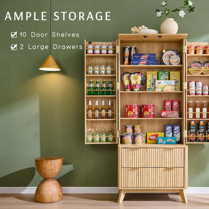 OKD Fluted Natural Oak Pantry Cabinet, 72" Kitchen Hutch