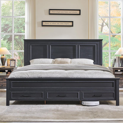 Farmhouse Queen Wooden Bed Frame with Storage, 52" Headboard