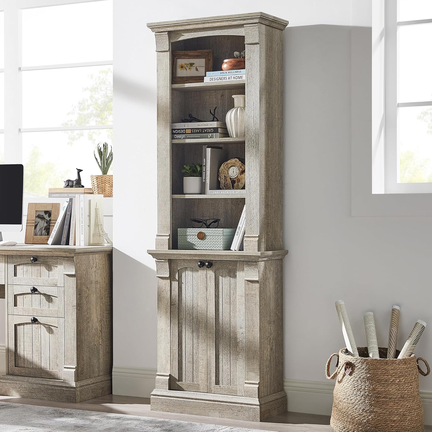 72" Farmhouse Bookcase with Adjustable Shelves and Storage Cabinet Doors