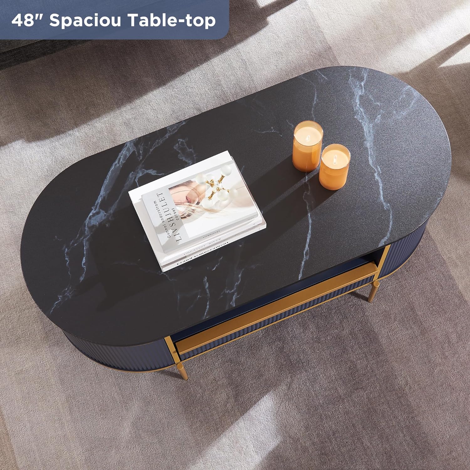 OKD Modern Oval Coffee Table 48 Inch with Drawer Navy Blue