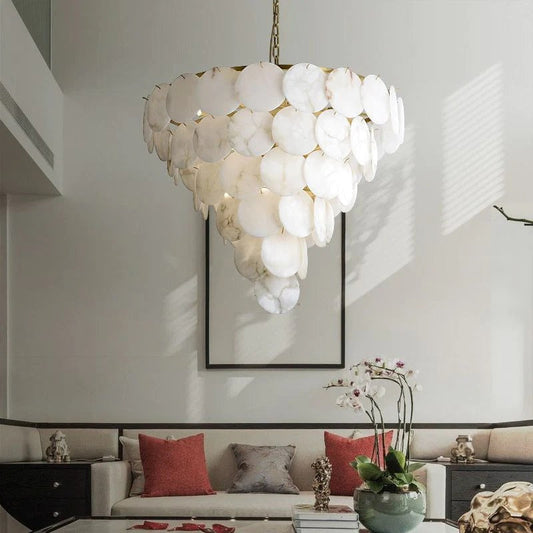 Nirvana Alabaster Multi-Tiered Round Chandelier For Living Room, Upscale Chandelier Lighting