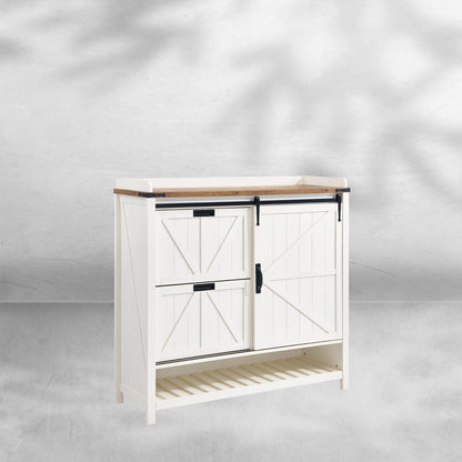 Farmhouse Shoe Storage Cabinet - 2 Flip Drawers and Sliding Door