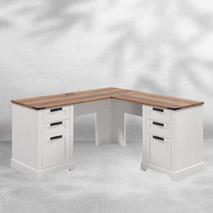 60" Farmhouse L Shaped Desk with Charging Station and Drawers