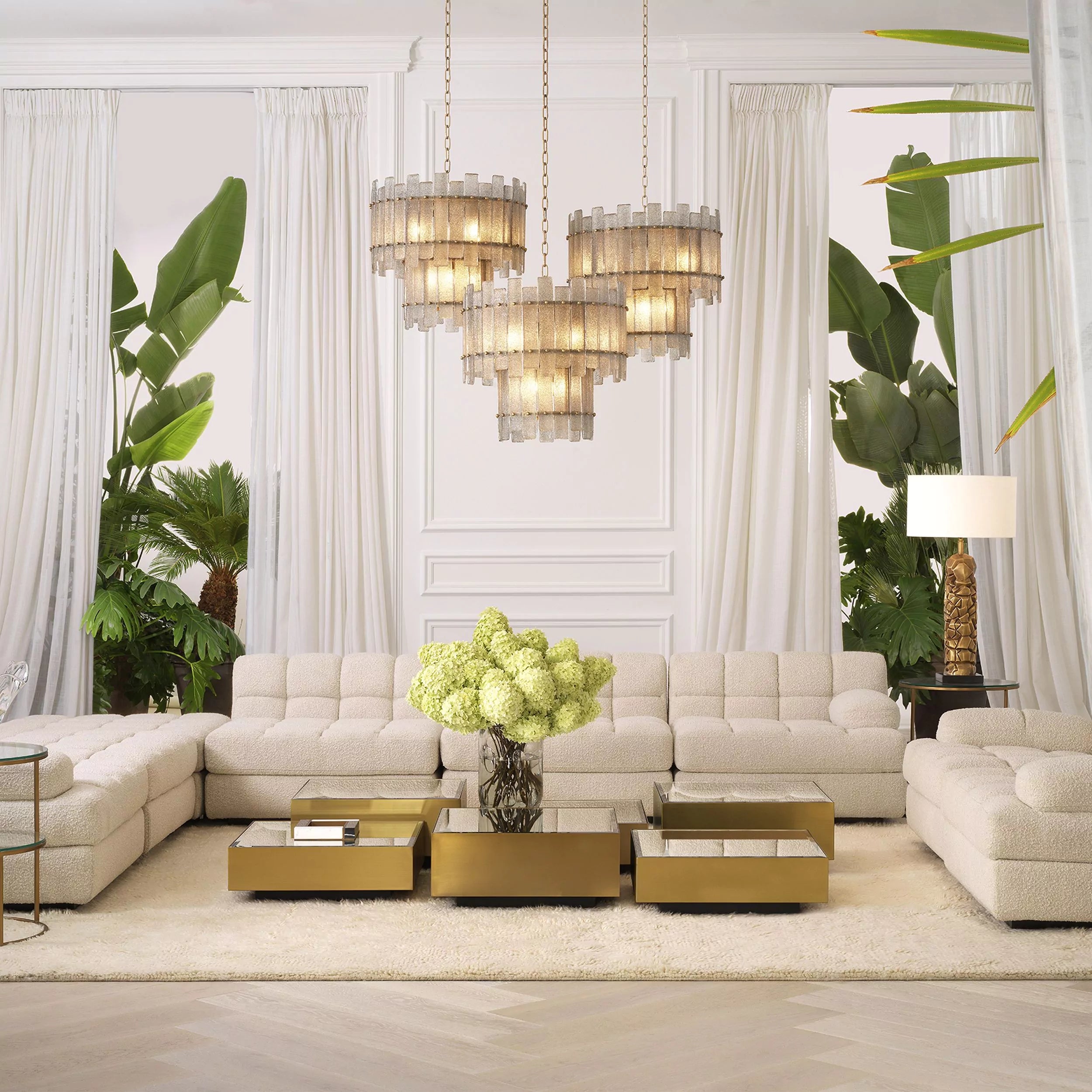 Flake Modern Brass Chandelier - (Antique Brass Finish | Hand Blown Glass)