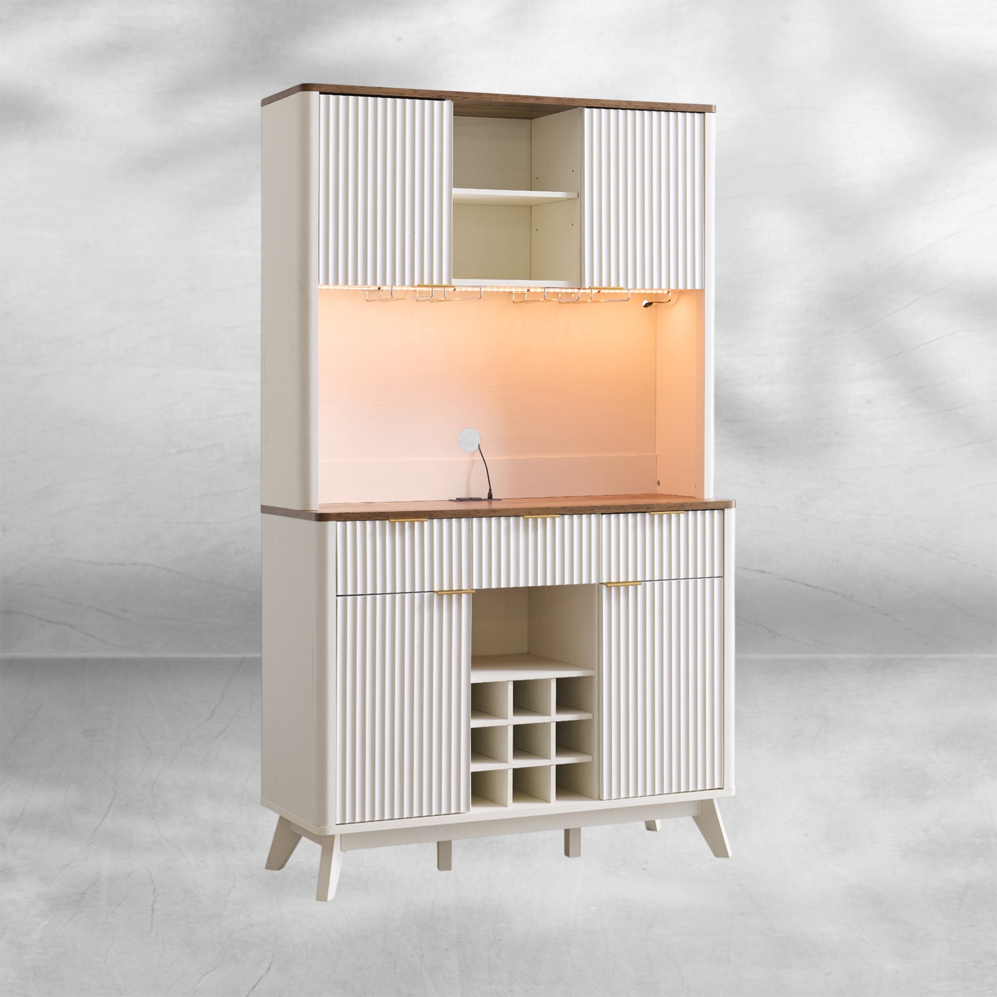 Tall Wine Bar Cabinet with Hutch LED Lights & Storage 72"