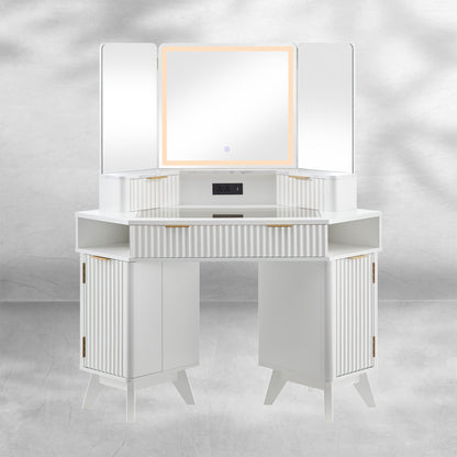 Fluted Makeup Vanity Desk with 3-Way Mirror and Lights