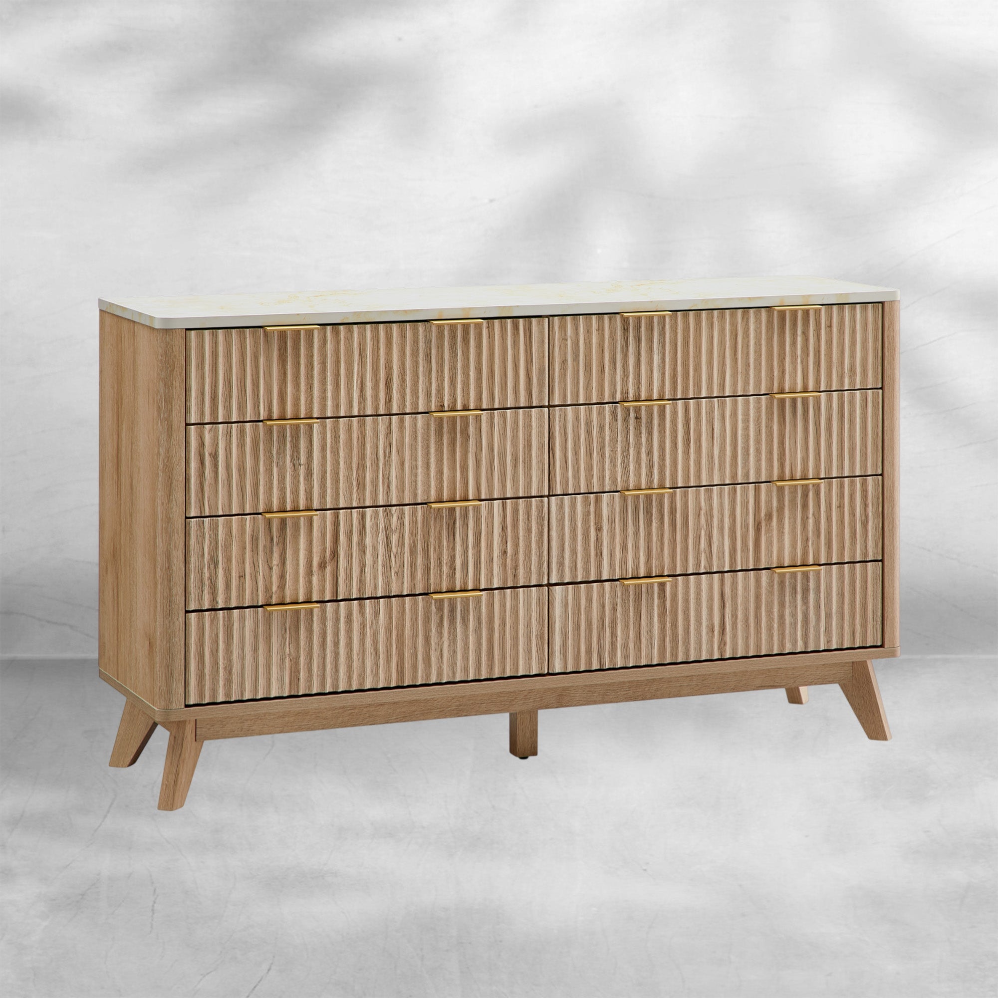 Modern Fluted 8-Drawer Dresser 54" Wide Chest with Faux Marble Top