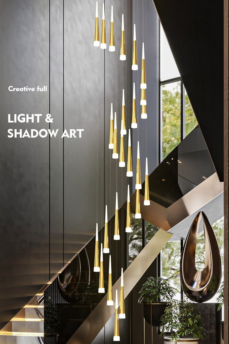 JC Golden/Black LED Hanging Meteor Rain Staircase Chandelier Golden lamp body / 9 Cone tube