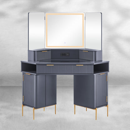 Fluted Corner Vanity Desk 48" with Lighted Mirror and Charging Outlet