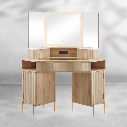 Fluted Corner Vanity Desk 48" with Lighted Mirror and Charging Outlet