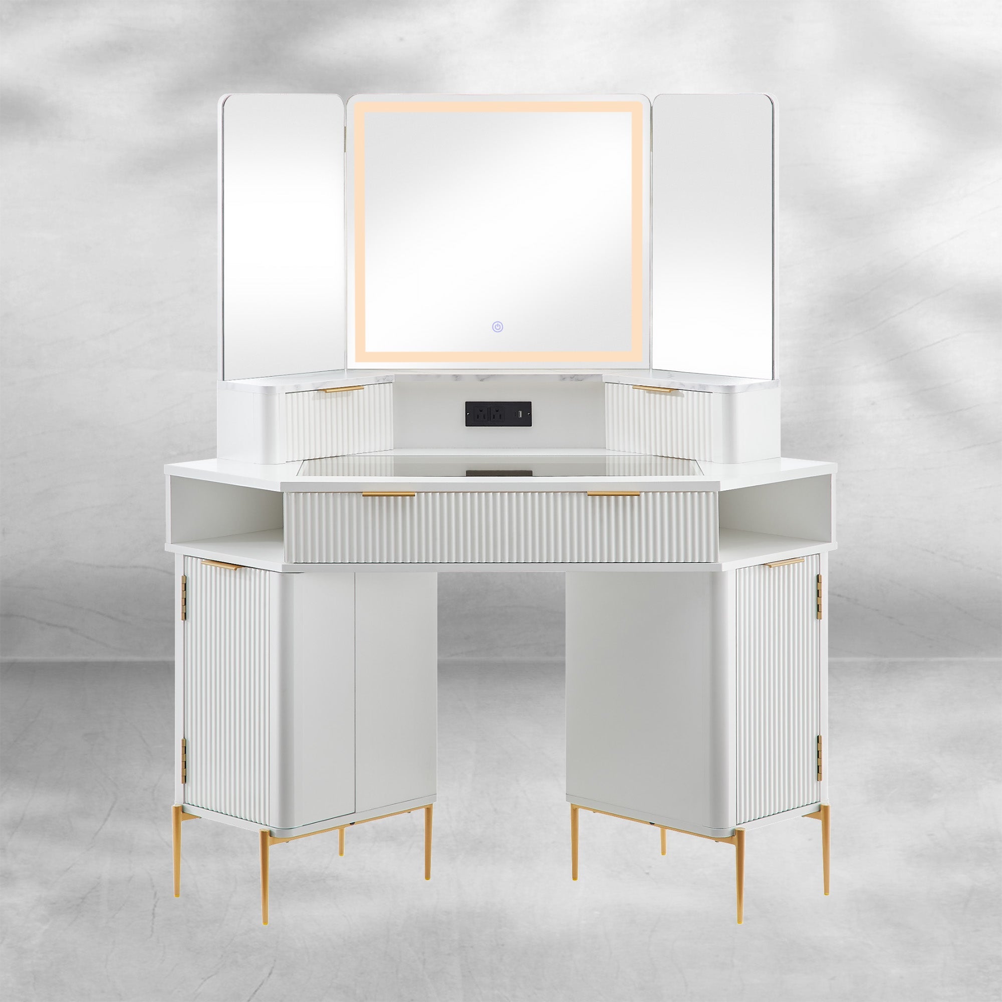 Fluted Corner Vanity Desk 48" with Lighted Mirror and Charging Outlet