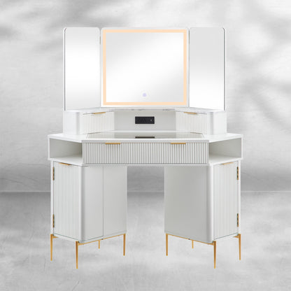 Fluted Corner Vanity Desk 48" with Lighted Mirror and Charging Outlet