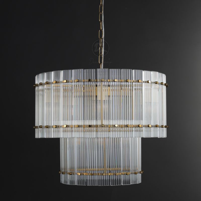 Golden Tea 2-Tier Round Glass Chandelier 60" For Living Room, Bedroom