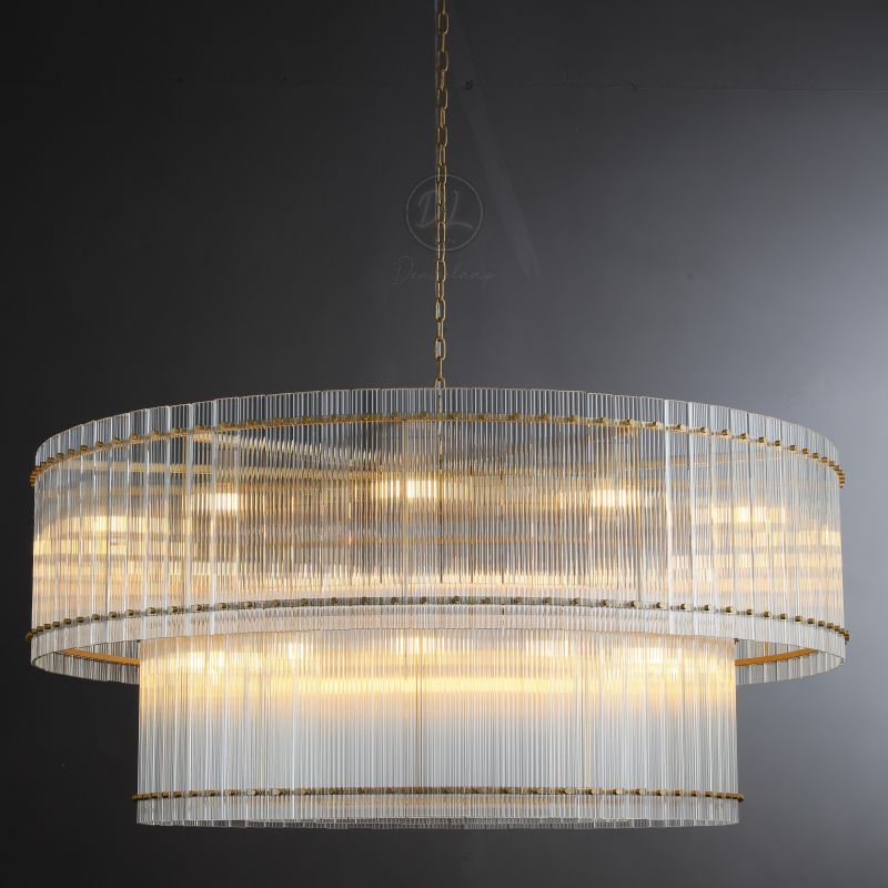 Golden Tea 2-Tier Round Glass Chandelier 60" For Living Room, Bedroom