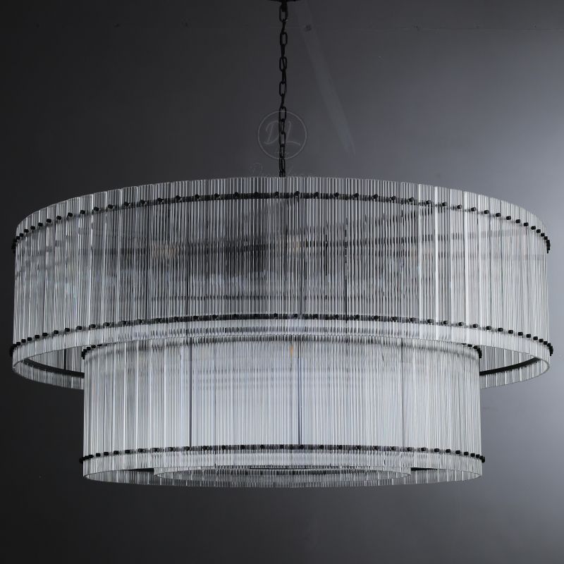 Golden Tea 2-Tier Round Glass Chandelier 60" For Living Room, Bedroom