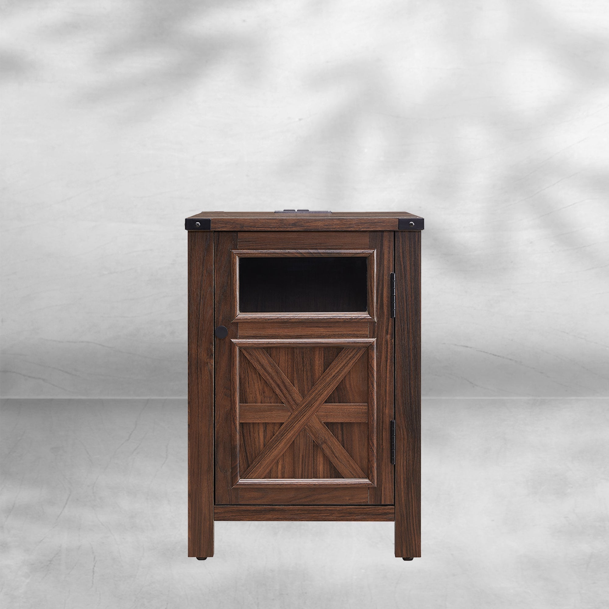 Farmhouse End Table 18" with 3-Tier Storage Charging Station Rustic Barn Door Nightstand