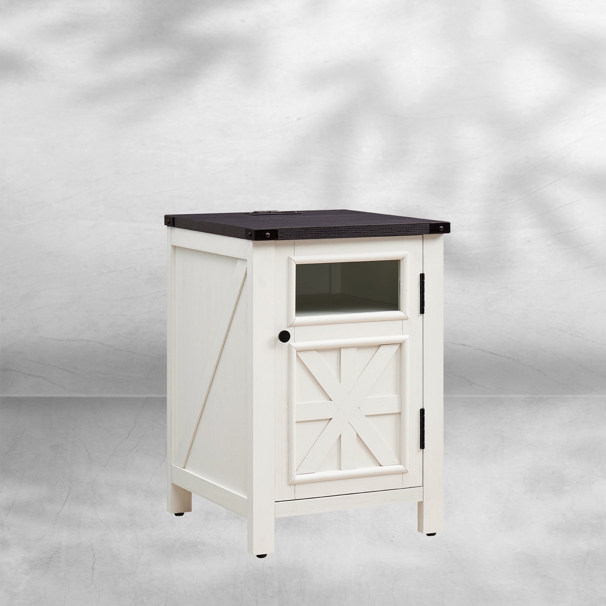 Farmhouse End Table 18" with 3-Tier Storage Charging Station Rustic Barn Door Nightstand