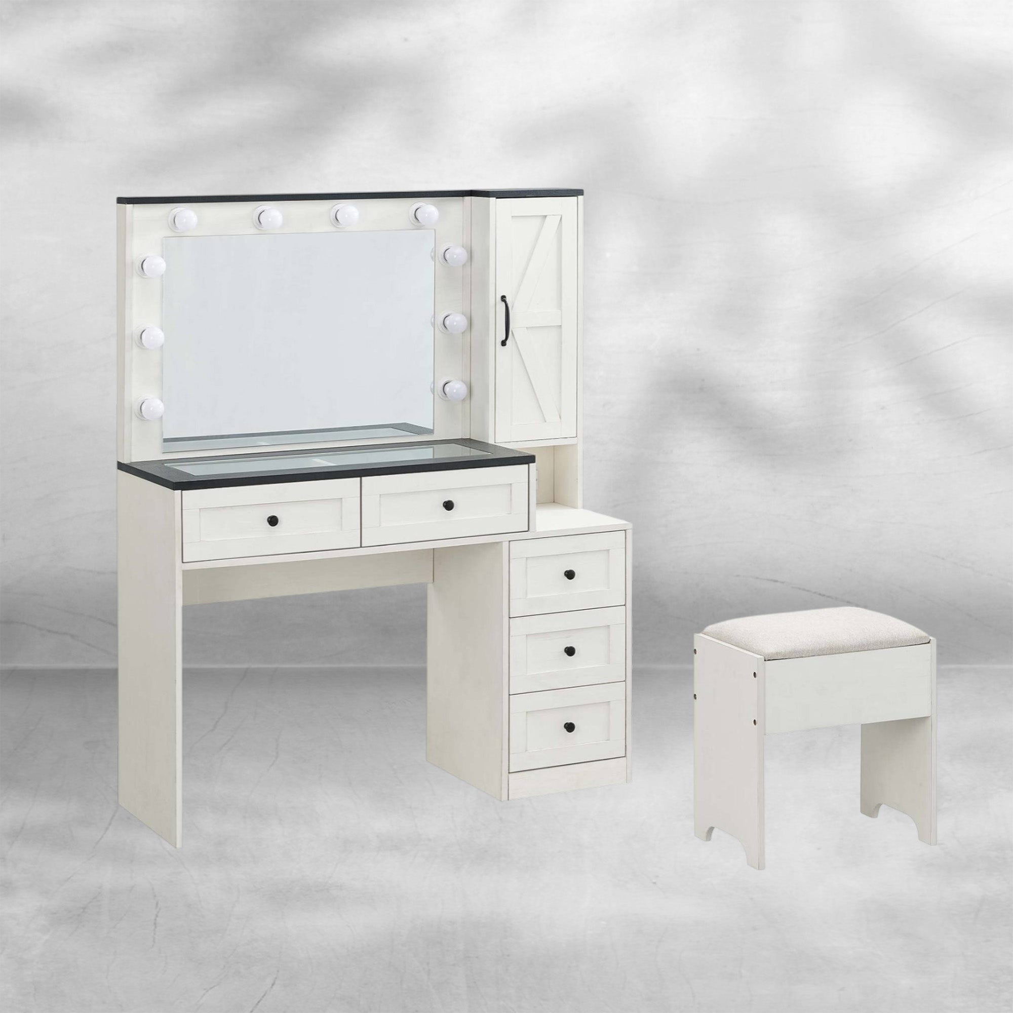 Farmhouse Style Vanity Makeup Desk 43" with Lighted Mirror & Charging