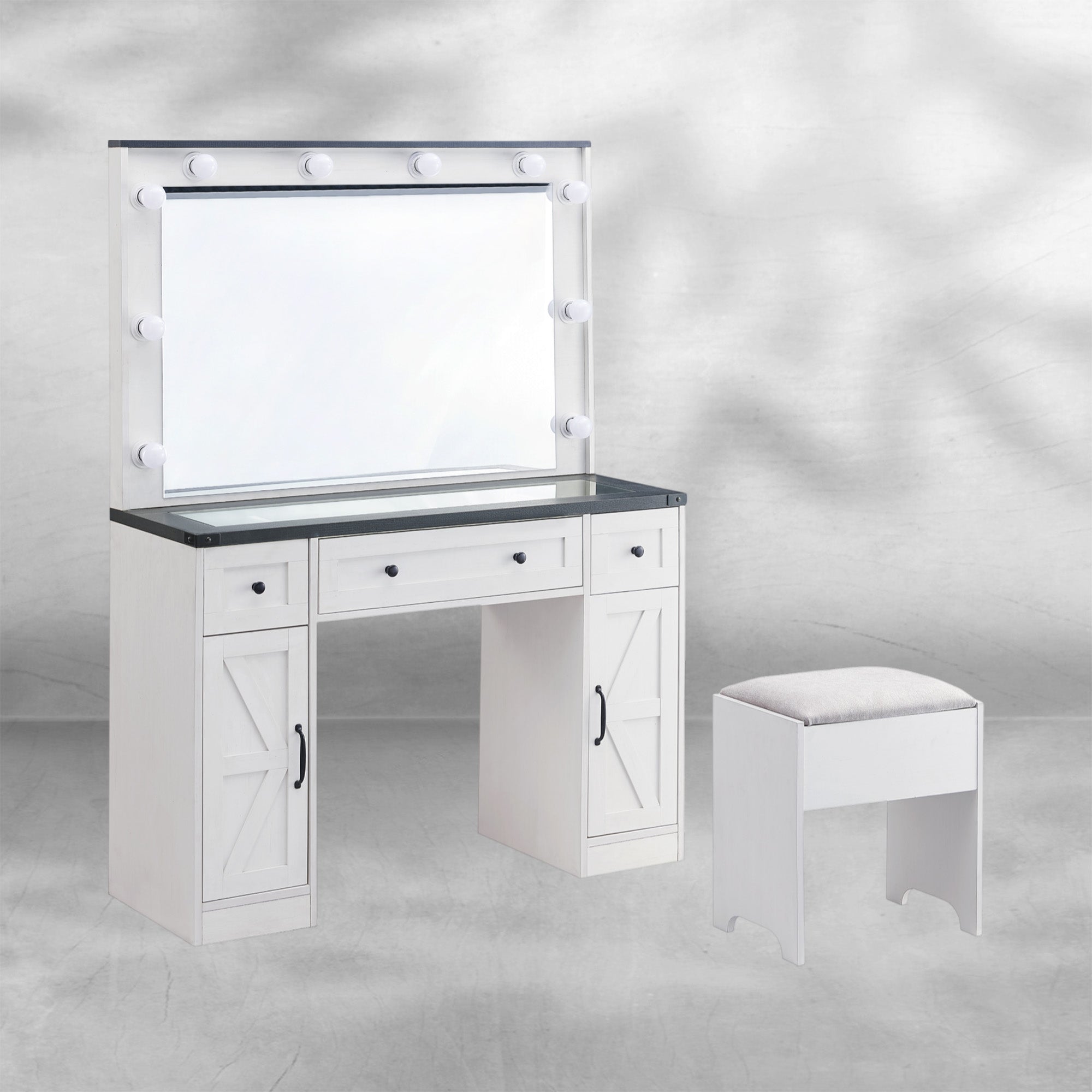 Farmhouse Vanity Desk 43" with Hollywood Mirror, Drawers, Cabinets & Stool