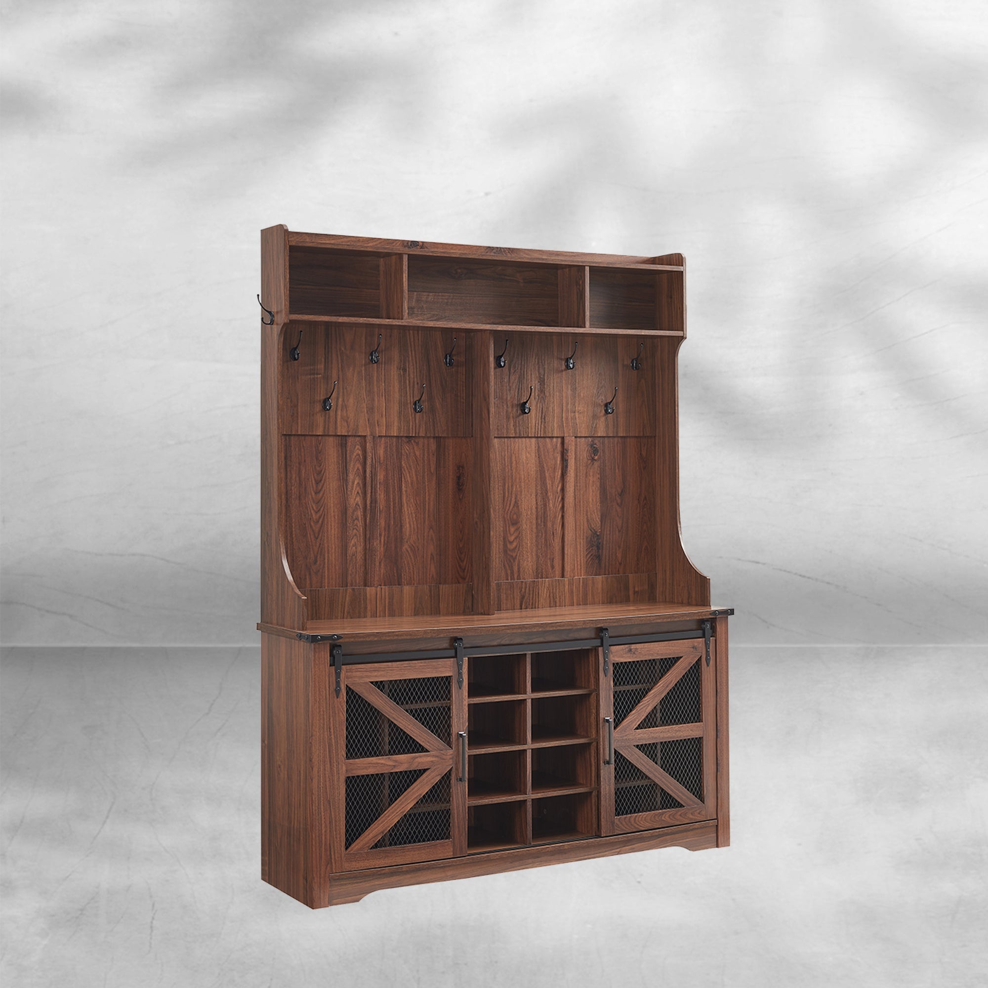 59" Farmhouse Hall Tree with Shoe Storage Bench & Cubbies