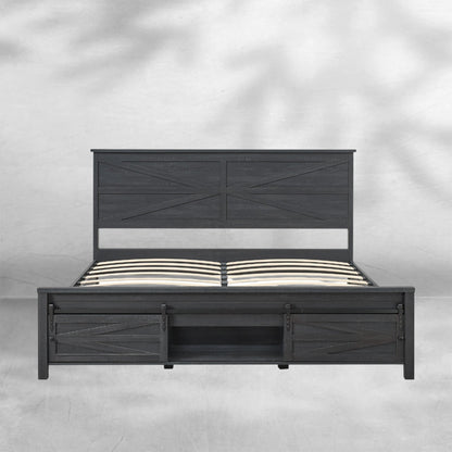 King Size Farmhouse Wood Bed Frame 85" with Barn Door Cabinets
