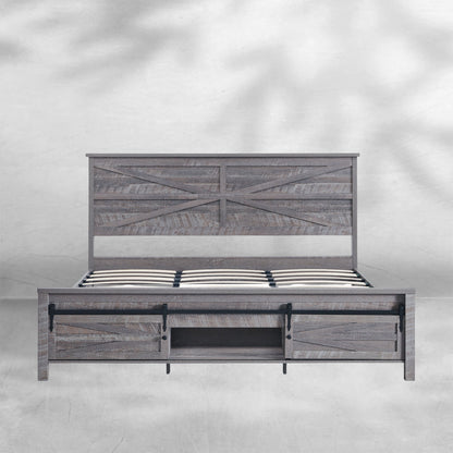 King Size Farmhouse Wood Bed Frame 85" with Barn Door Cabinets