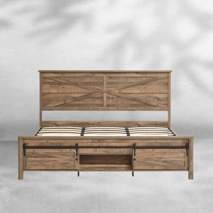 King Size Farmhouse Wood Bed Frame 85" with Barn Door Cabinets