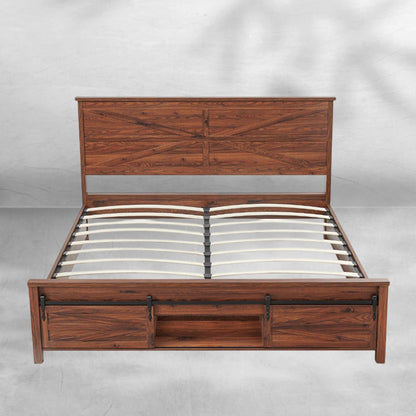Full Size Farmhouse Wood Bed Frame 58" with Barn Door Cabinets