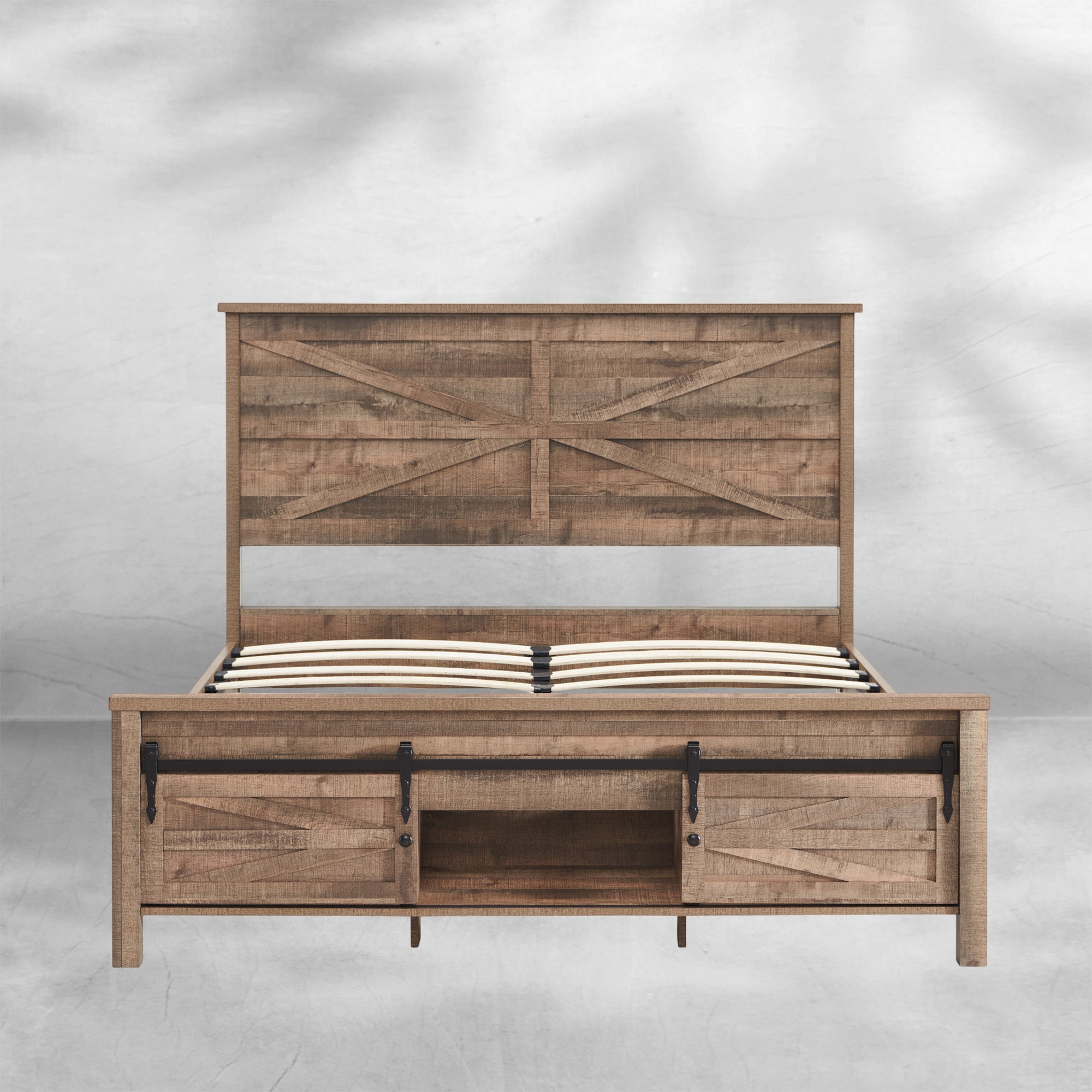 Full Size Farmhouse Wood Bed Frame 58" with Barn Door Cabinets